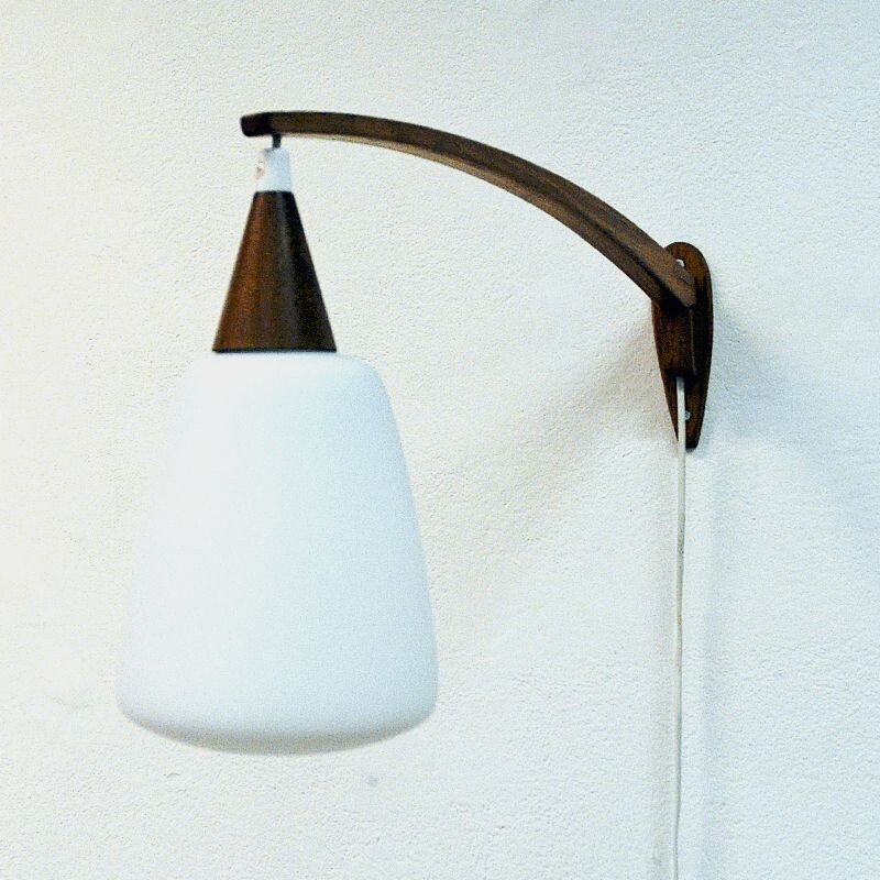 Vintage wall lamp of teak and opaline glass, Sweden 1950s