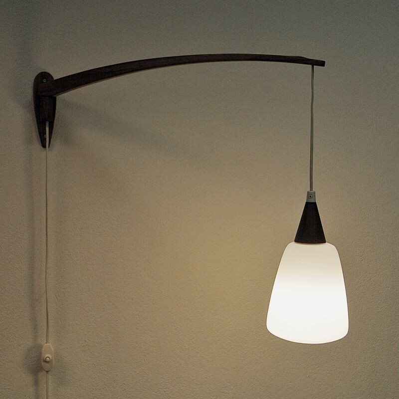 Vintage wall lamp of teak and opaline glass, Sweden 1950s