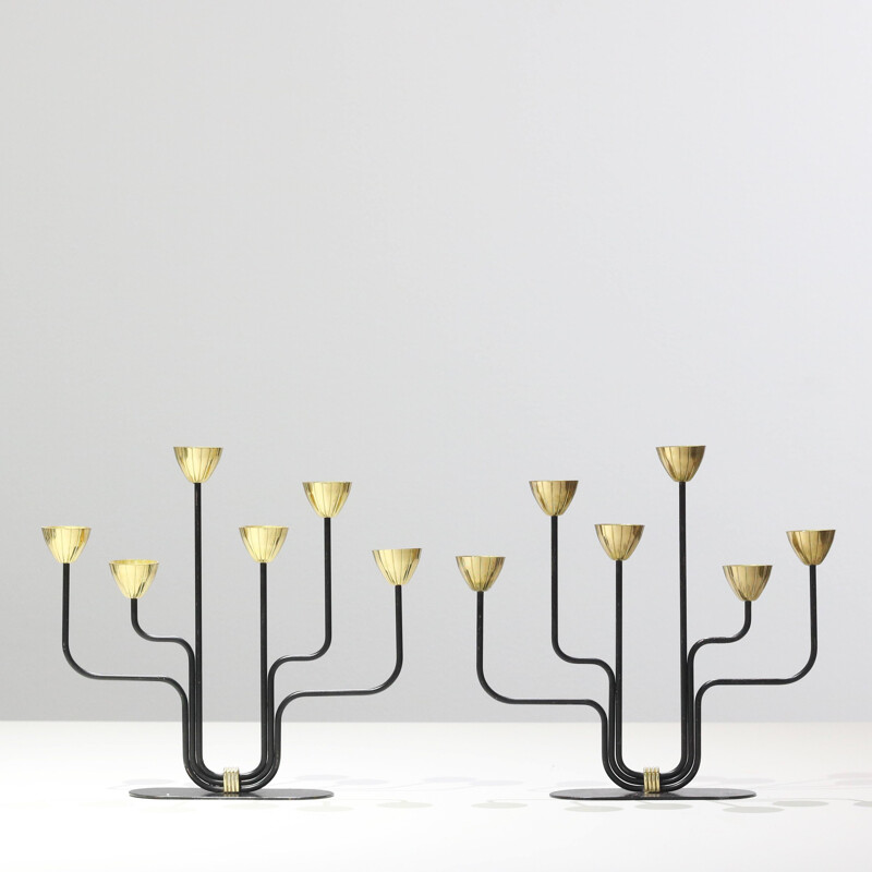 Pair of vintage modernist 6-light brass & lacquered iron candleholders by Gunnar Ander, Sweden 1960s