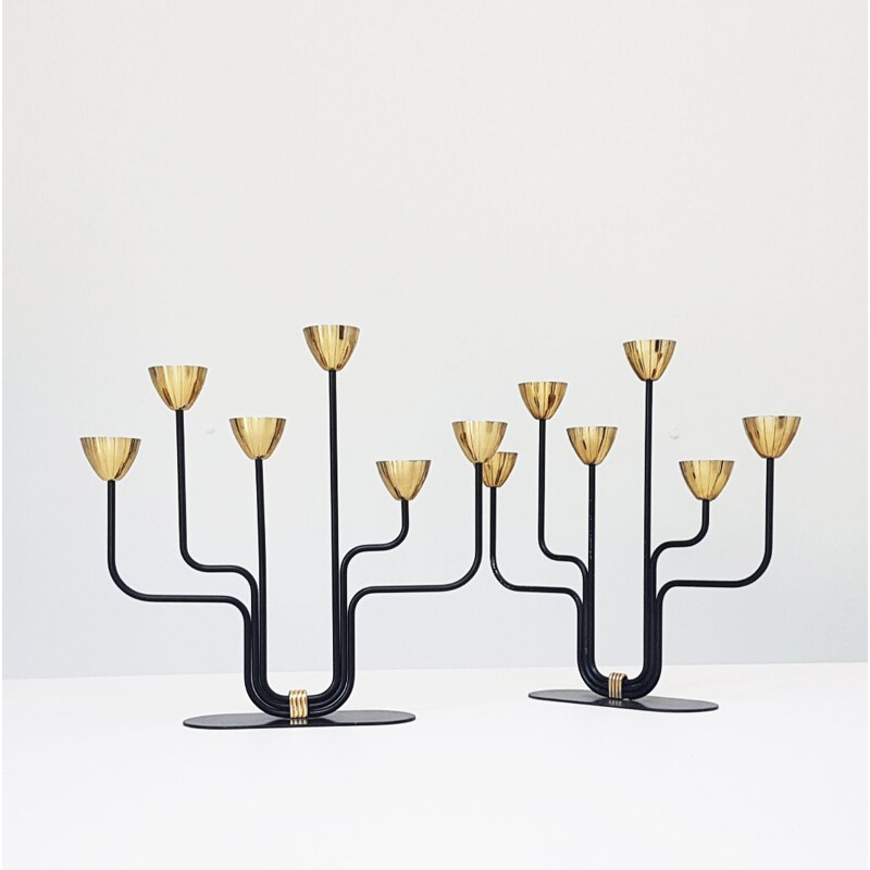 Pair of vintage modernist 6-light brass & lacquered iron candleholders by Gunnar Ander, Sweden 1960s