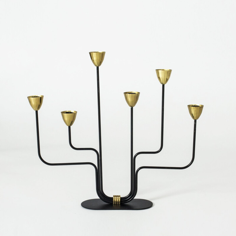 Pair of vintage modernist 6-light brass & lacquered iron candleholders by Gunnar Ander, Sweden 1960s