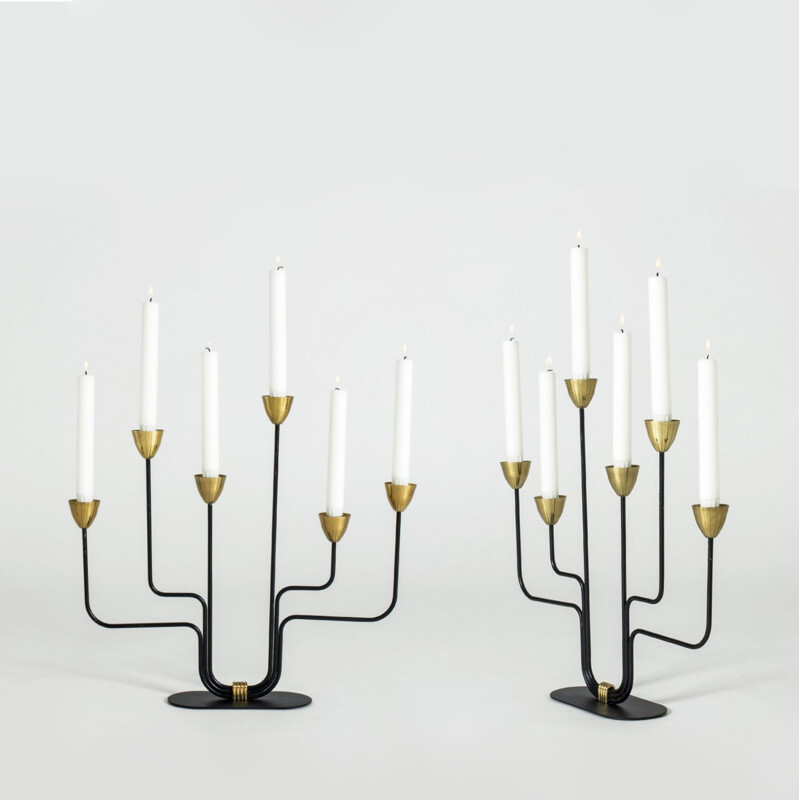 Pair of vintage modernist 6-light brass & lacquered iron candleholders by Gunnar Ander, Sweden 1960s