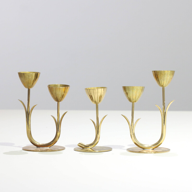 Set of 3 vintage solid brass candelabras by Gunnar Ander, Sweden 1960s