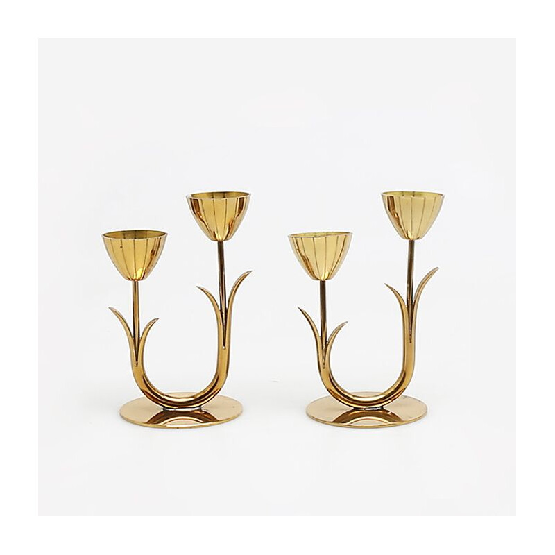 Set of 3 vintage solid brass candelabras by Gunnar Ander, Sweden 1960s