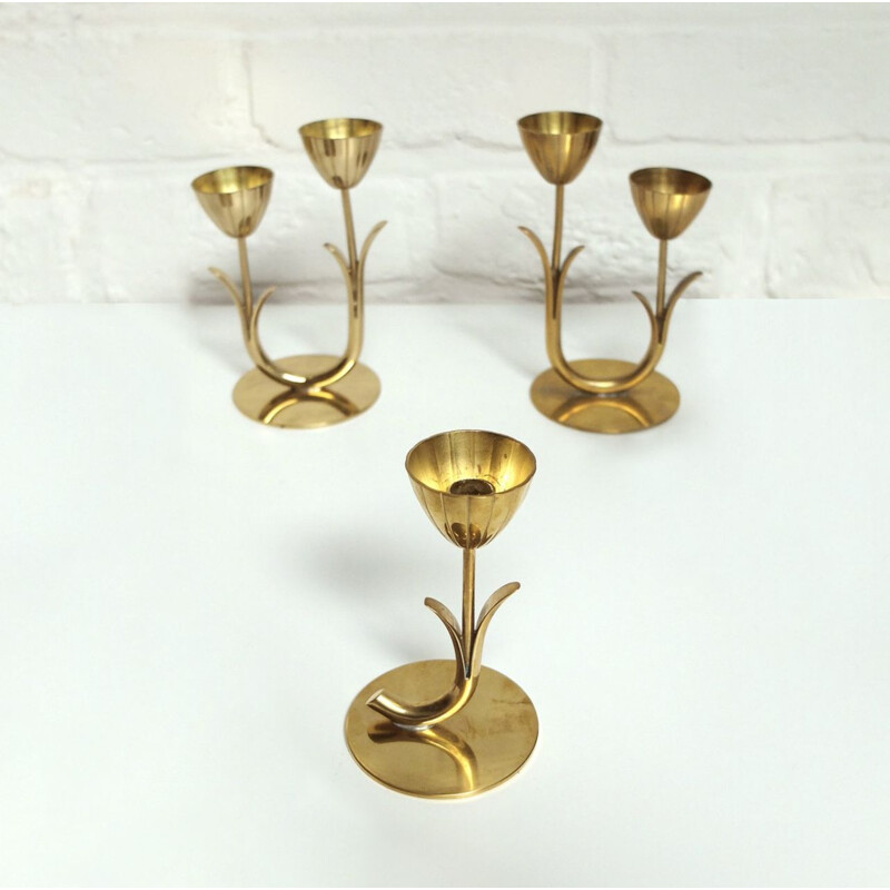 Set of 3 vintage solid brass candelabras by Gunnar Ander, Sweden 1960s