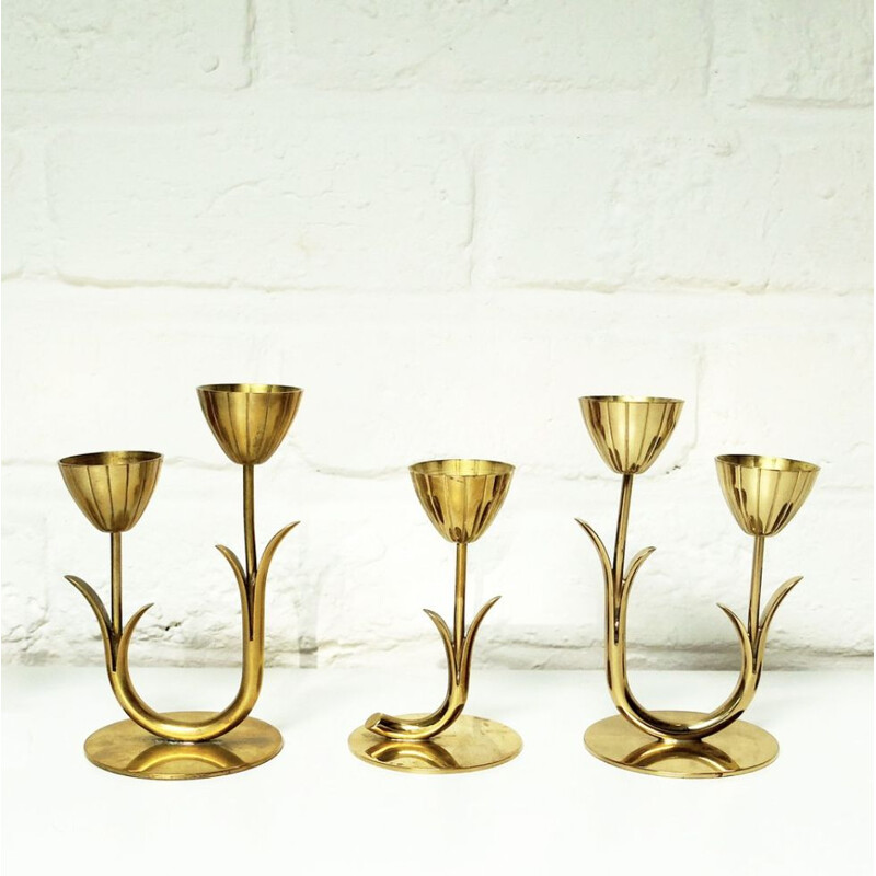 Set of 3 vintage solid brass candelabras by Gunnar Ander, Sweden 1960s