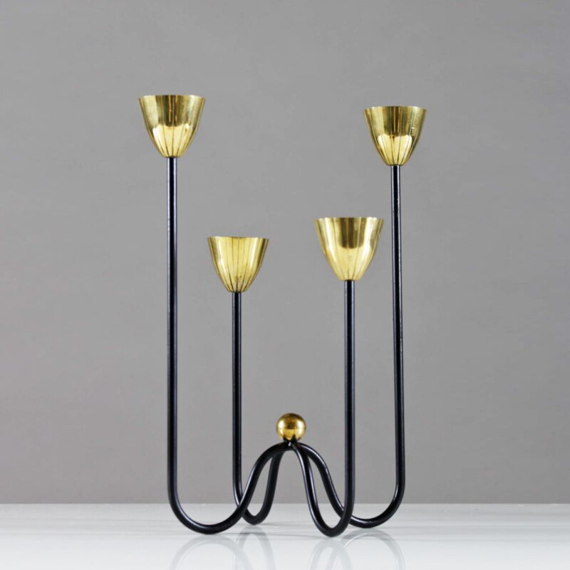 Pair of vintage modernist 4-light brass & lacquered iron candleholders by Gunnar Ander, Sweden 1960s