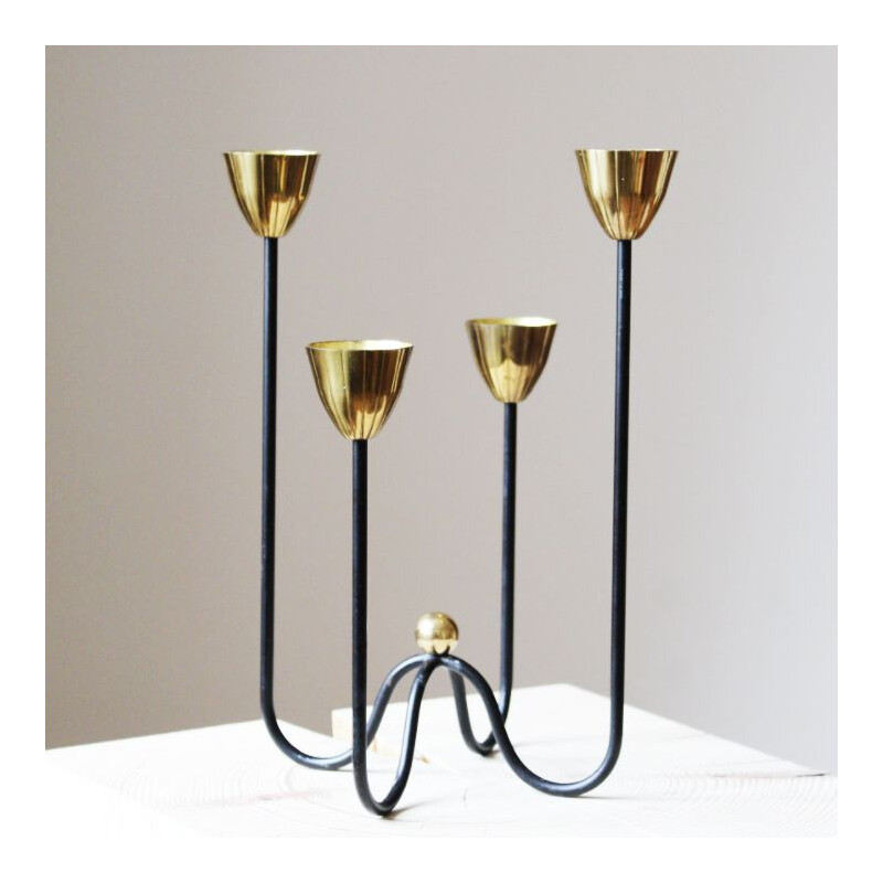 Pair of vintage modernist 4-light brass & lacquered iron candleholders by Gunnar Ander, Sweden 1960s