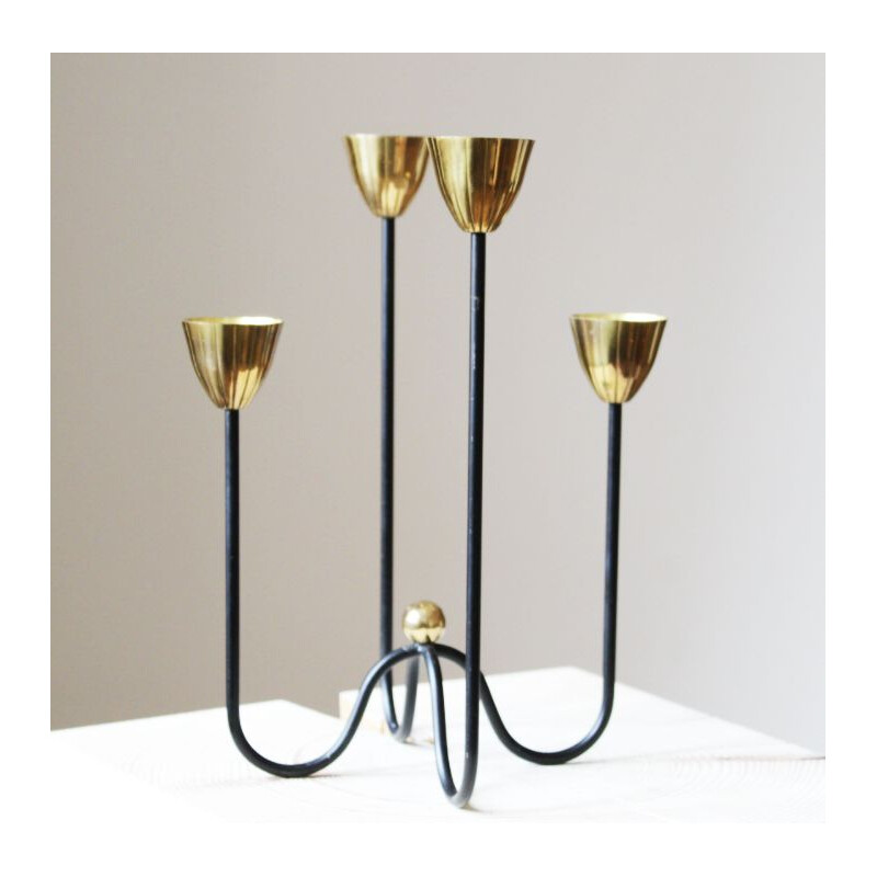 Pair of vintage modernist 4-light brass & lacquered iron candleholders by Gunnar Ander, Sweden 1960s