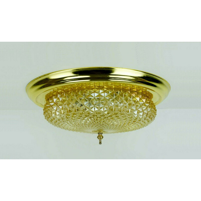 Mid century ceiling lamp flush mount textured amber glass and brass, 1970s
