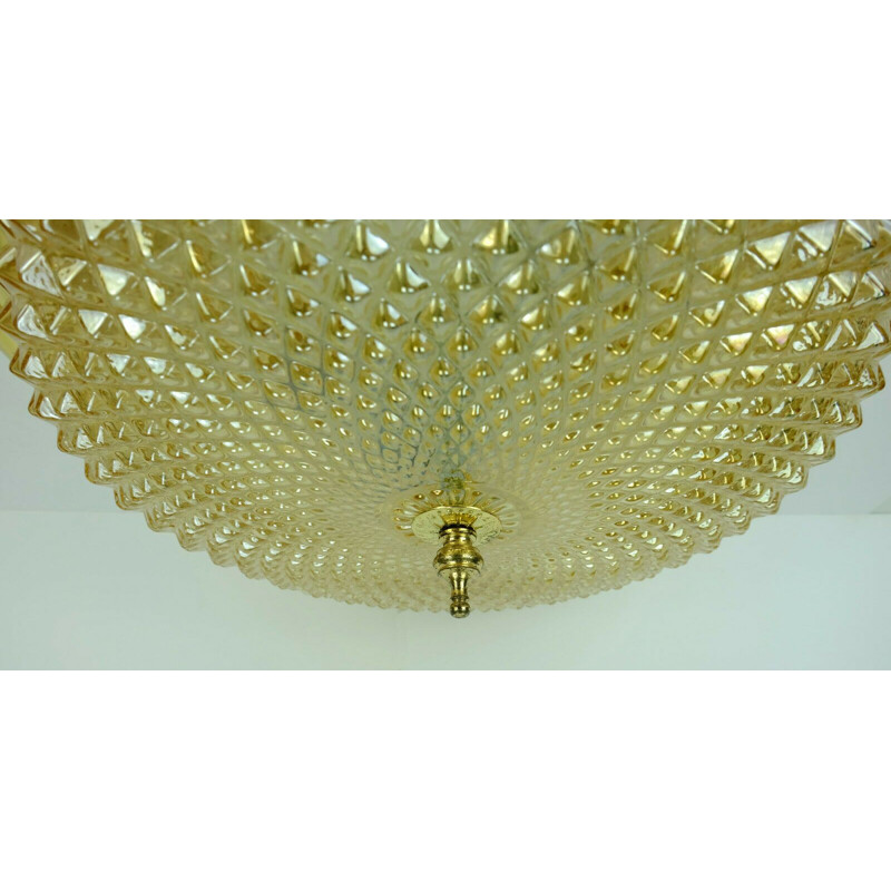 Mid century ceiling lamp flush mount textured amber glass and brass, 1970s