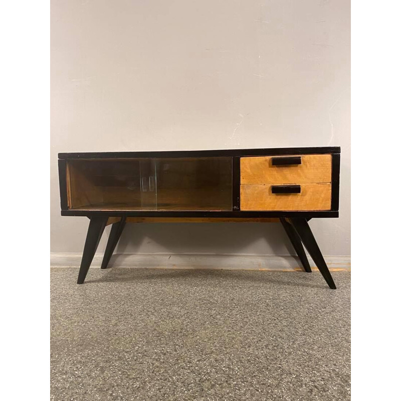 Credenza d'epoca impiallacciata in noce con finestra scorrevole, 1960