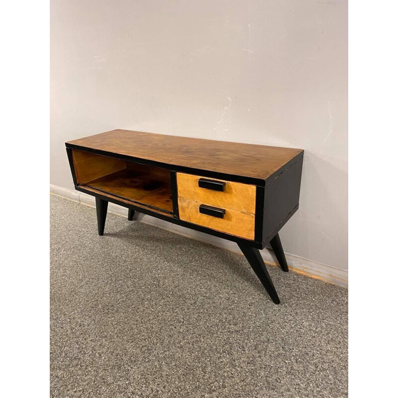 Vintage walnut veneer sideboard with sliding glass, 1960s