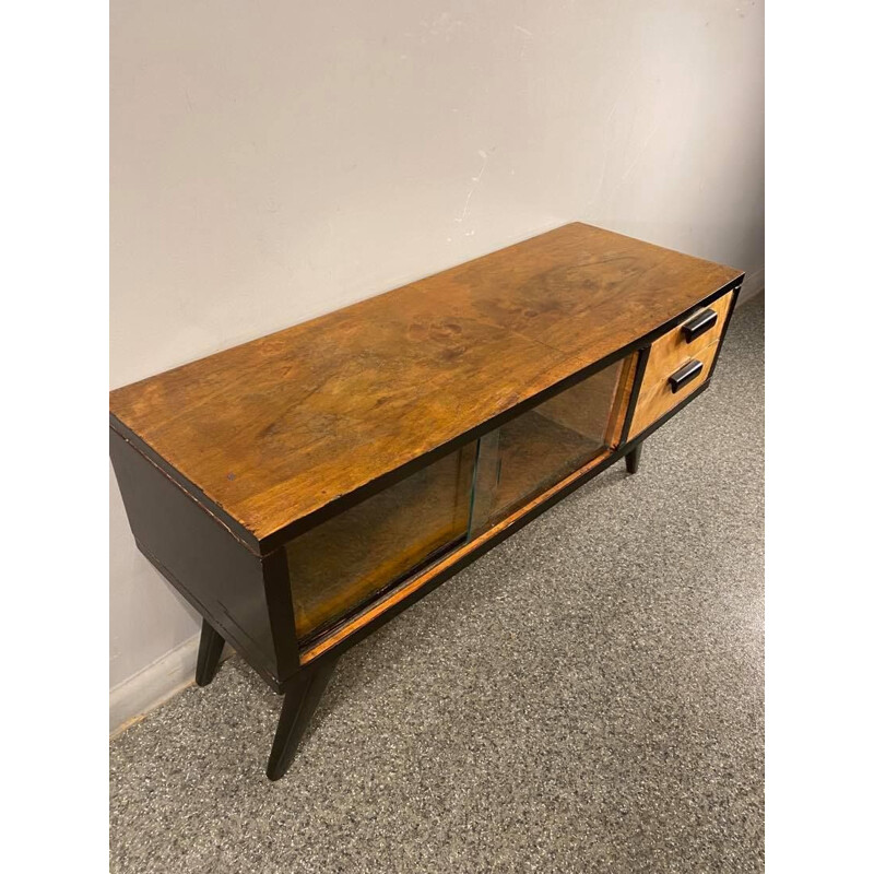 Vintage walnut veneer sideboard with sliding glass, 1960s