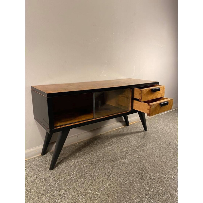 Vintage walnut veneer sideboard with sliding glass, 1960s