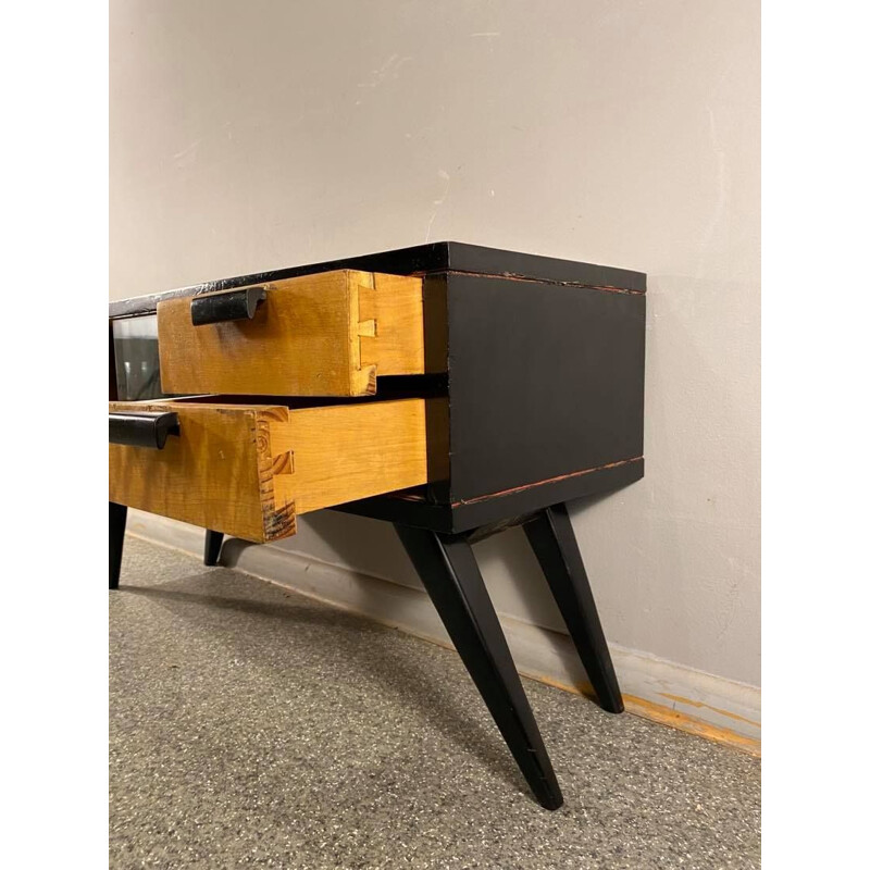 Vintage walnut veneer sideboard with sliding glass, 1960s