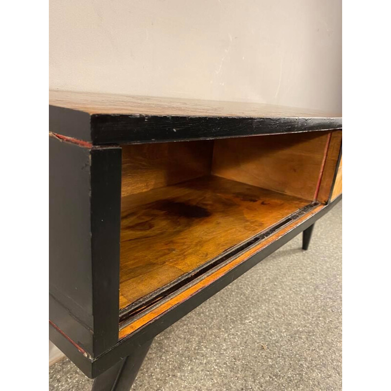 Vintage walnut veneer sideboard with sliding glass, 1960s