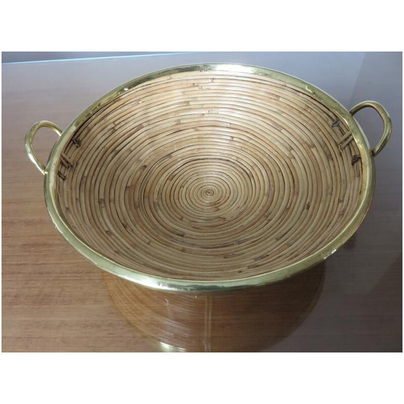 Vintage basket in rattan and brass, 1960-1970s