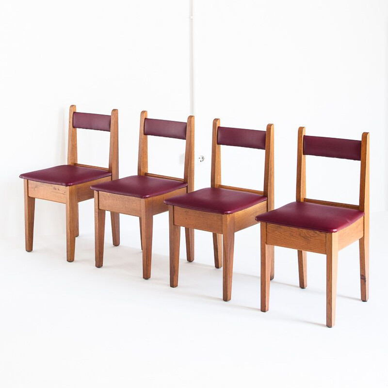 Set of 4 vintage oak and eskai chairs, France 1960s