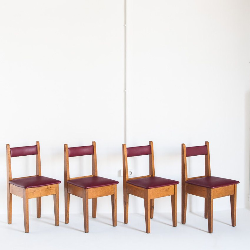 Set of 4 vintage oak and eskai chairs, France 1960s