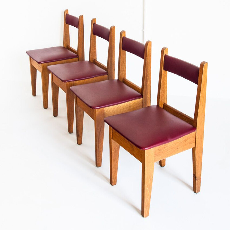 Set of 4 vintage oak and eskai chairs, France 1960s