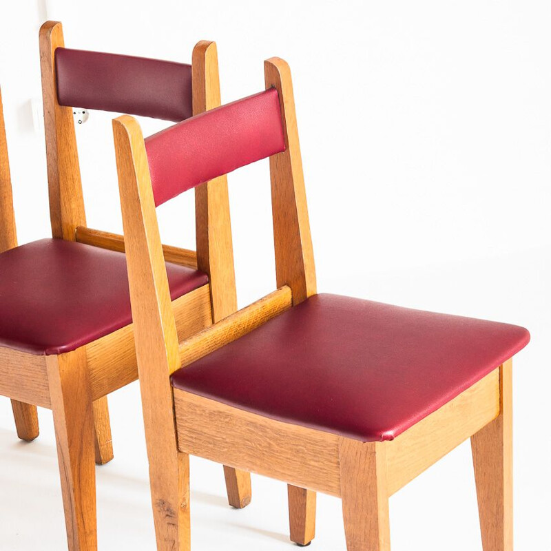 Set of 4 vintage oak and eskai chairs, France 1960s