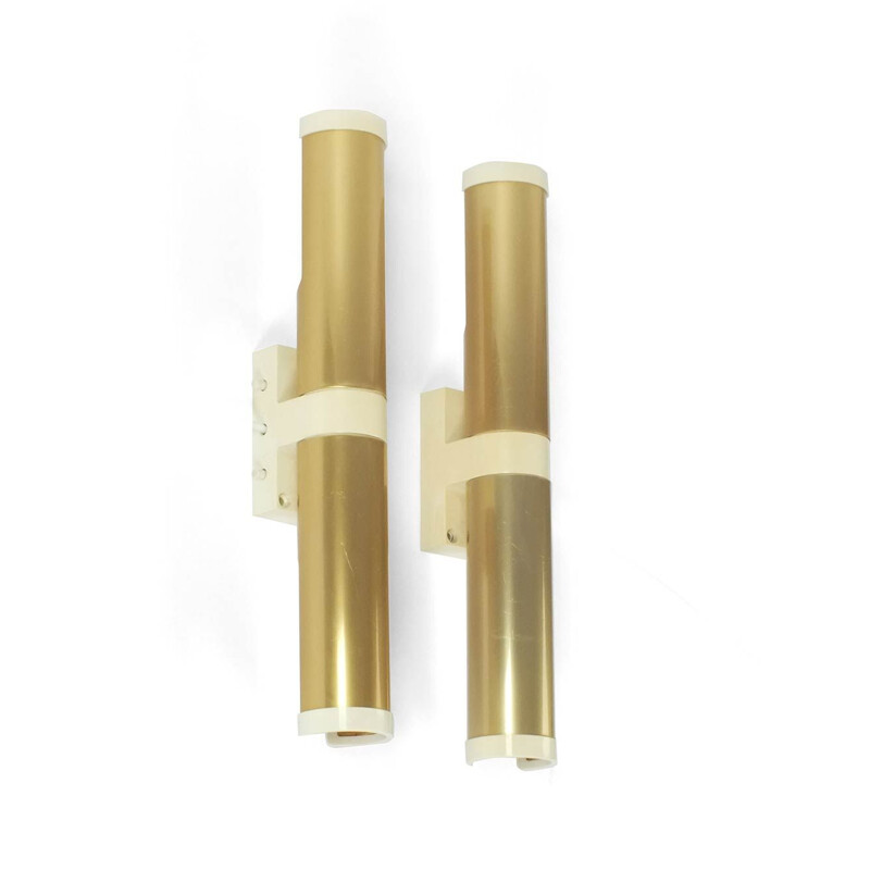 Pair of vintage white and gold plastic wall lamps, 1970