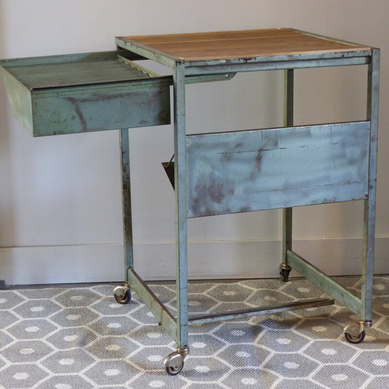 Industrial side table on wheels - 1960s