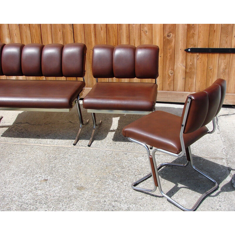Set of chrome-plated metal and eco-friendly leather vintage armchairs and sofas by Royal Board, 1970s