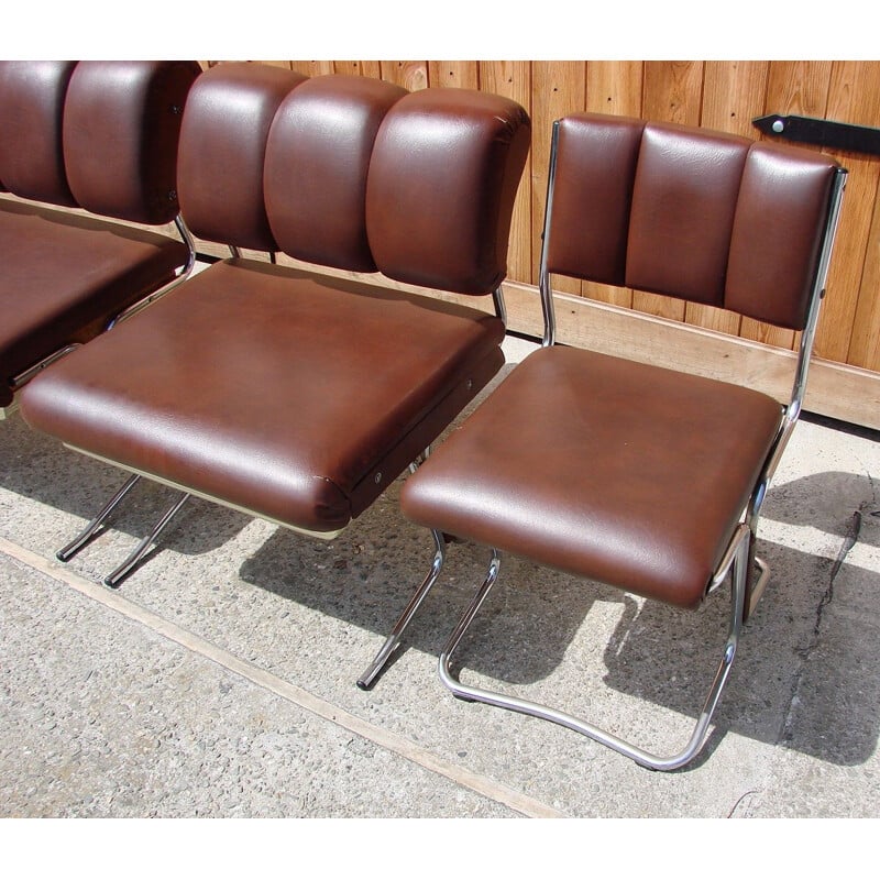 Set of chrome-plated metal and eco-friendly leather vintage armchairs and sofas by Royal Board, 1970s