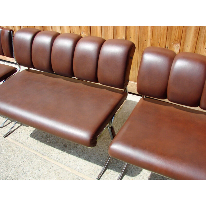 Set of chrome-plated metal and eco-friendly leather vintage armchairs and sofas by Royal Board, 1970s