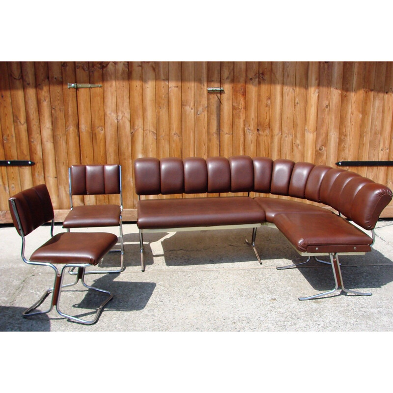 Set of chrome-plated metal and eco-friendly leather vintage armchairs and sofas by Royal Board, 1970s