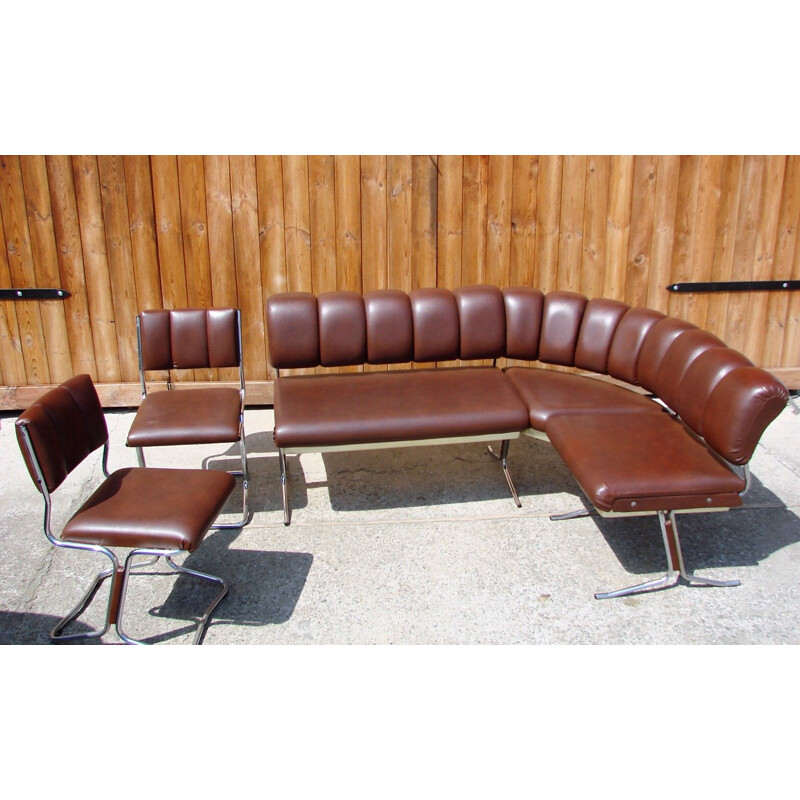Set of chrome-plated metal and eco-friendly leather vintage armchairs and sofas by Royal Board, 1970s