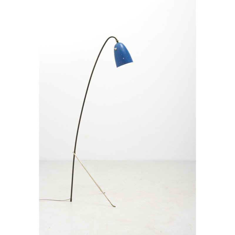 Vintage tripod floor lamp with blue lamp shade, Denmark 1950s