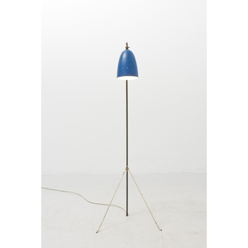 Vintage tripod floor lamp with blue lamp shade, Denmark 1950s