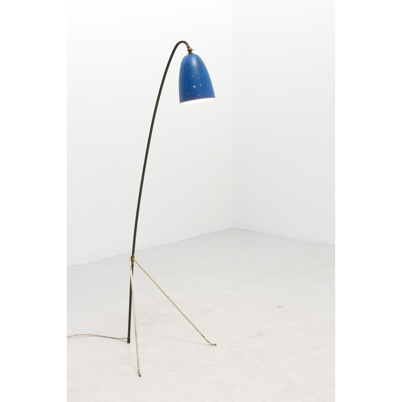 Vintage tripod floor lamp with blue lamp shade, Denmark 1950s