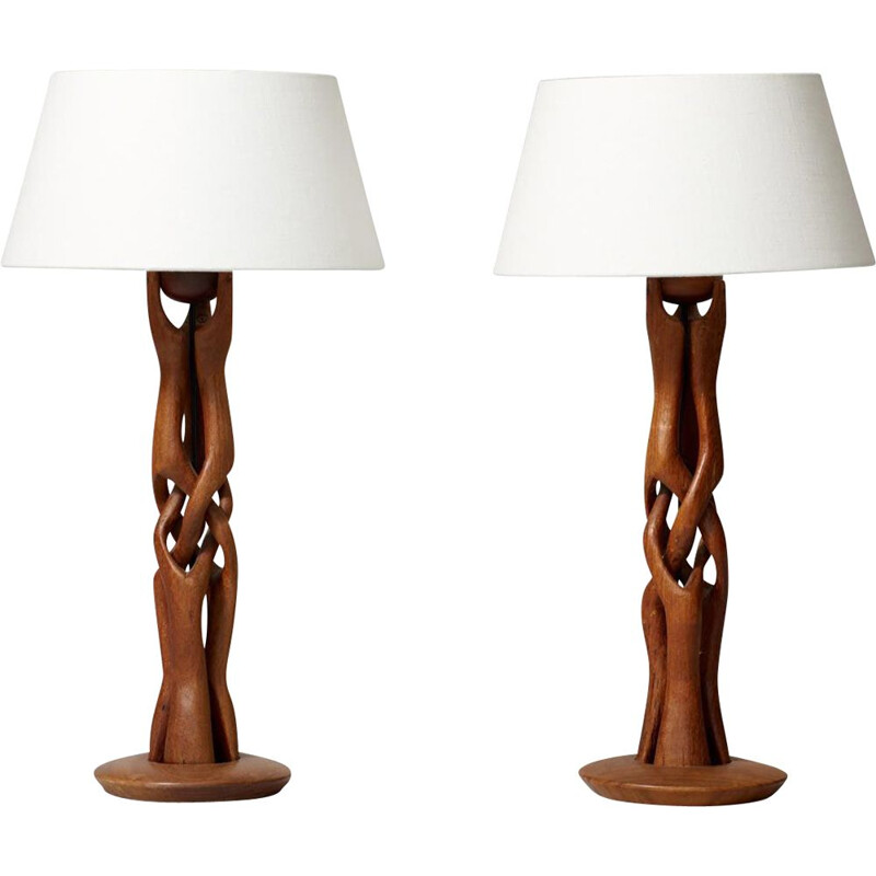 Pair of vintage danish curved teak table lamps