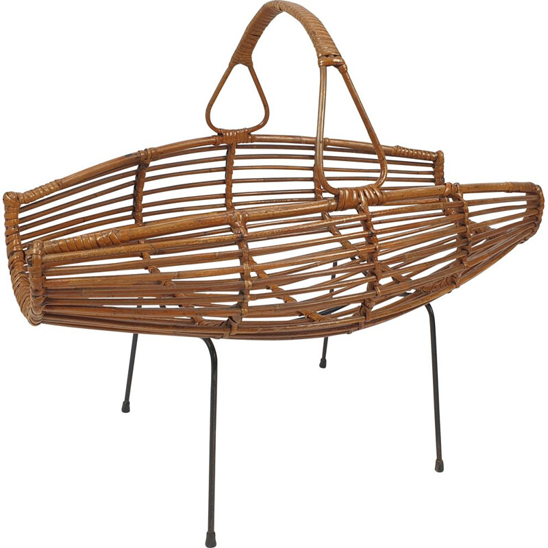 Vintage wicker rattan magazine rack, Italy 1950s