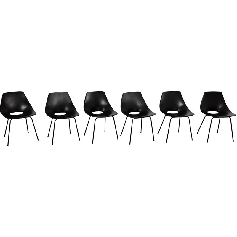 Set of 6 vintage black barrel chairs by Pierre Guariche for Steiner, 1950s