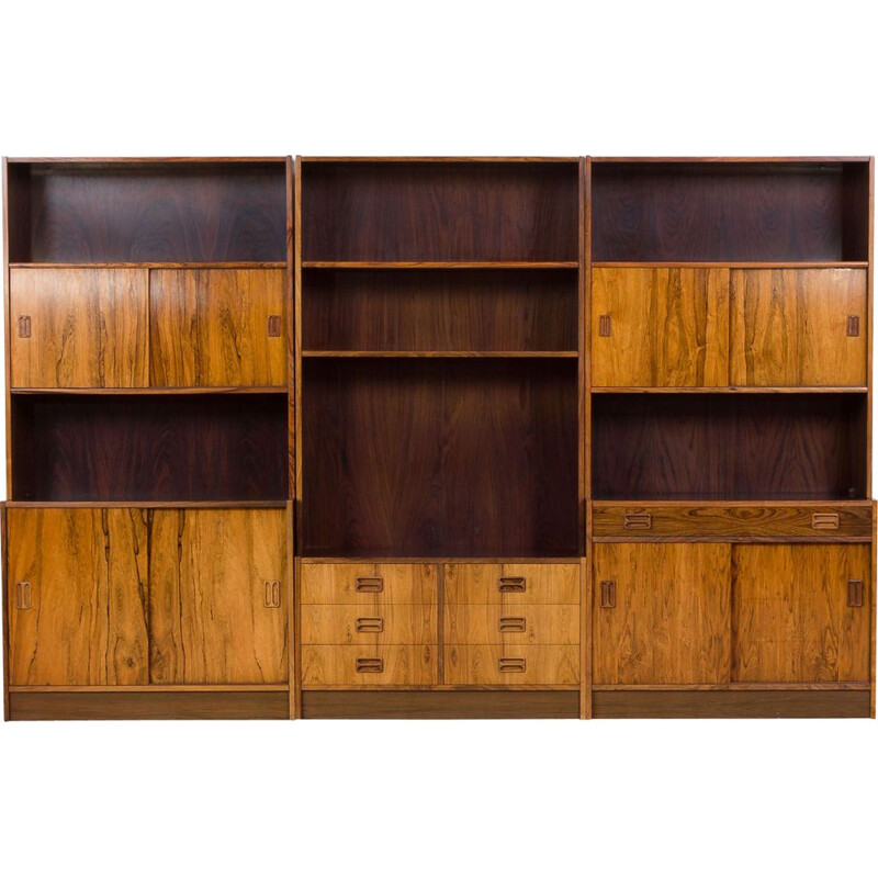 Mid century modern modular bookshelf system in rosewood 3 bay wall unit, Denmark 1970s