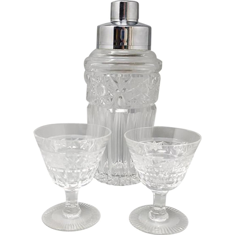 Ensemble de shaker et de 2 verres à cocktail vintage en cristal taillé, Italie 1960