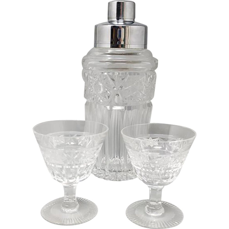 Set of vintage cut crystal cocktail shaker and 2 glasses, Italy 1960s
