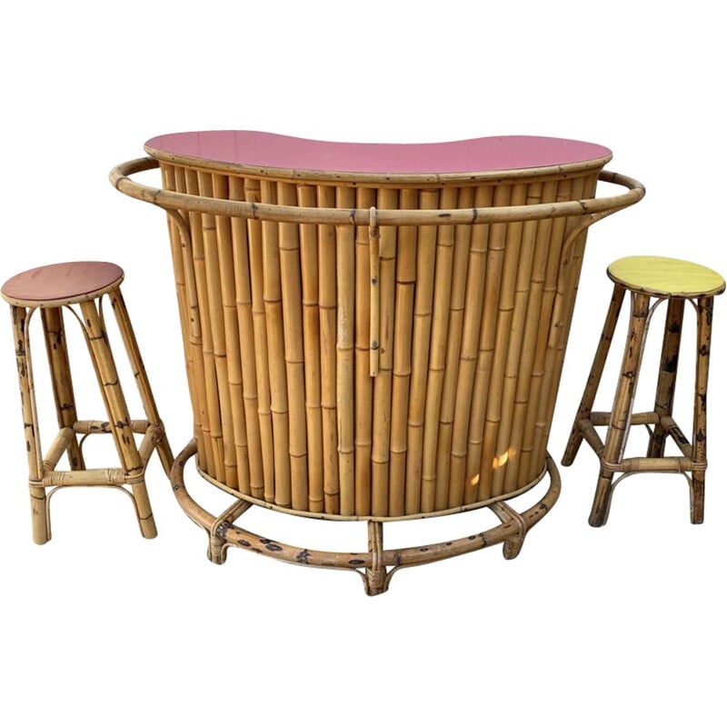 Ensemble de comptoir de bar et 2 tabourets vintage en bambou et rotin, 1960-1970