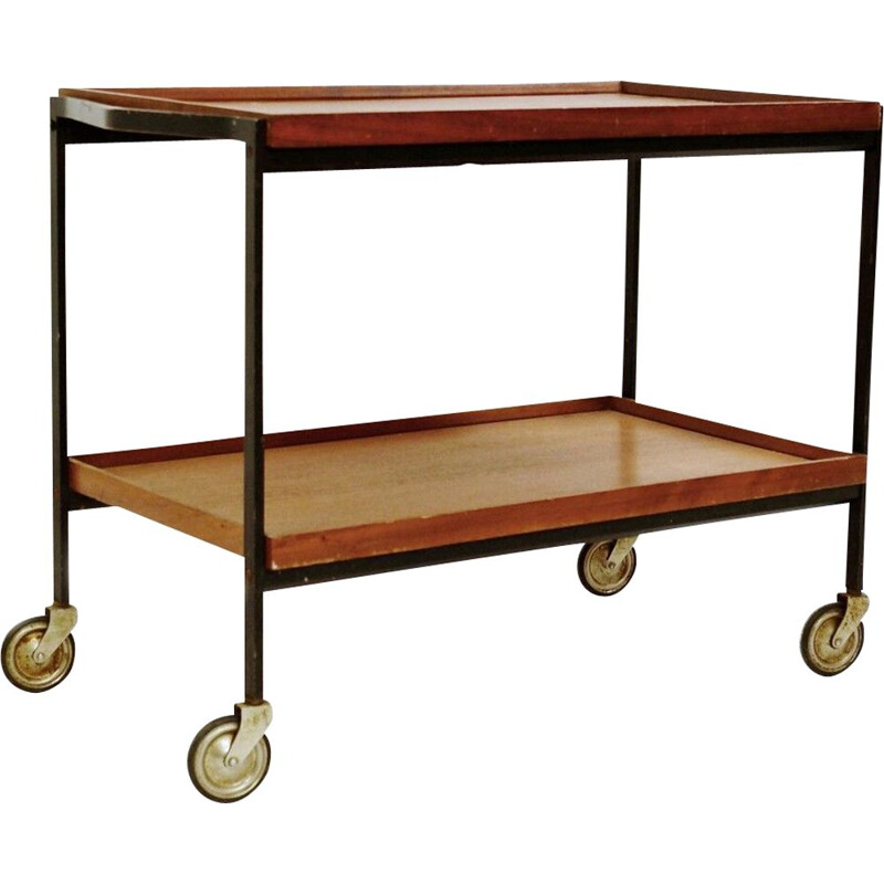 Vintage black lacquered metal and teak trolley, Italy 1960s