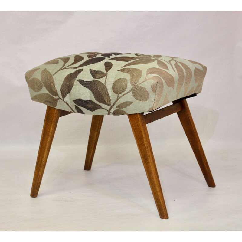 Vintage beech wood and jacquard fabric stool, 1950s