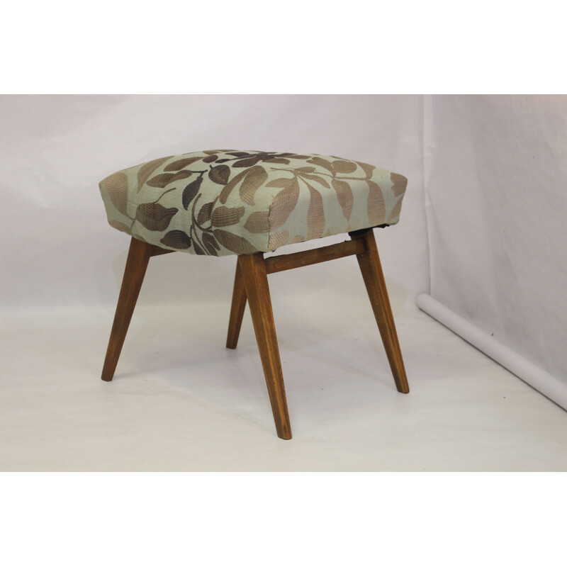 Vintage beech wood and jacquard fabric stool, 1950s