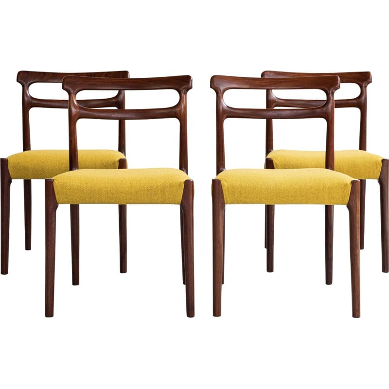 Mid century set of 4 dining chairs in solid wood and ocher fabric, Denmark 1960s