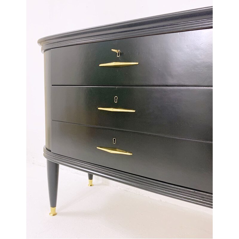 Mid century black lacquered chest of drawers with glass top, Italy 1950s