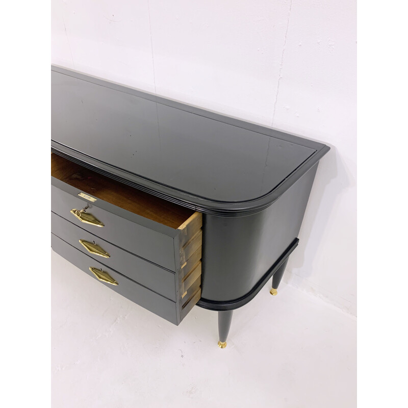 Mid century black lacquered chest of drawers with glass top, Italy 1950s