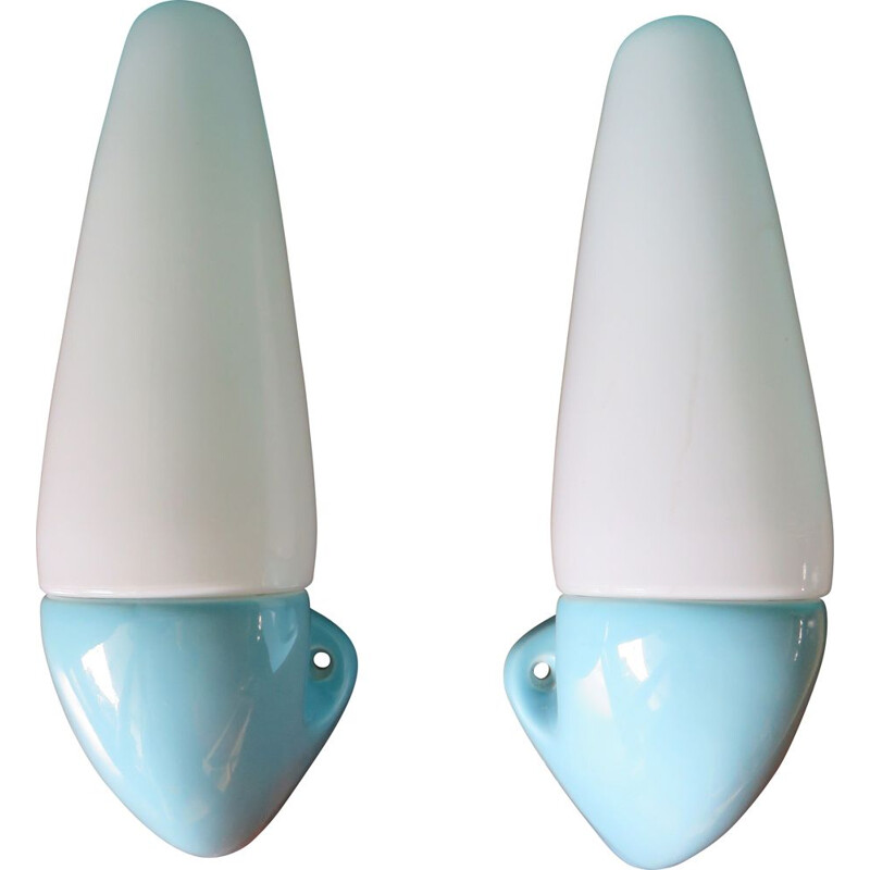 Pair of vintage sconces in turquoise stoneware and opaline glass